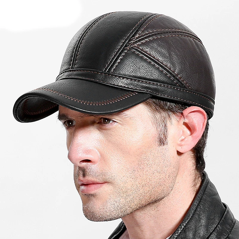 

Aircraft Cap Winter middle-aged Elderly Men Duck Tongue Cap Sub Ear Protection PU Elderly Baseball Cap Cold Wind Warm Cap