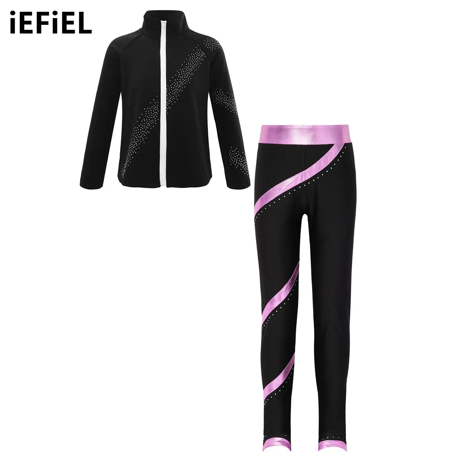 

Kids Girls Shiny Rhinestones Dance Set Long Sleeve Stand Collar Zipper Outerwear with Waistband Pants for Gymnastics Performance