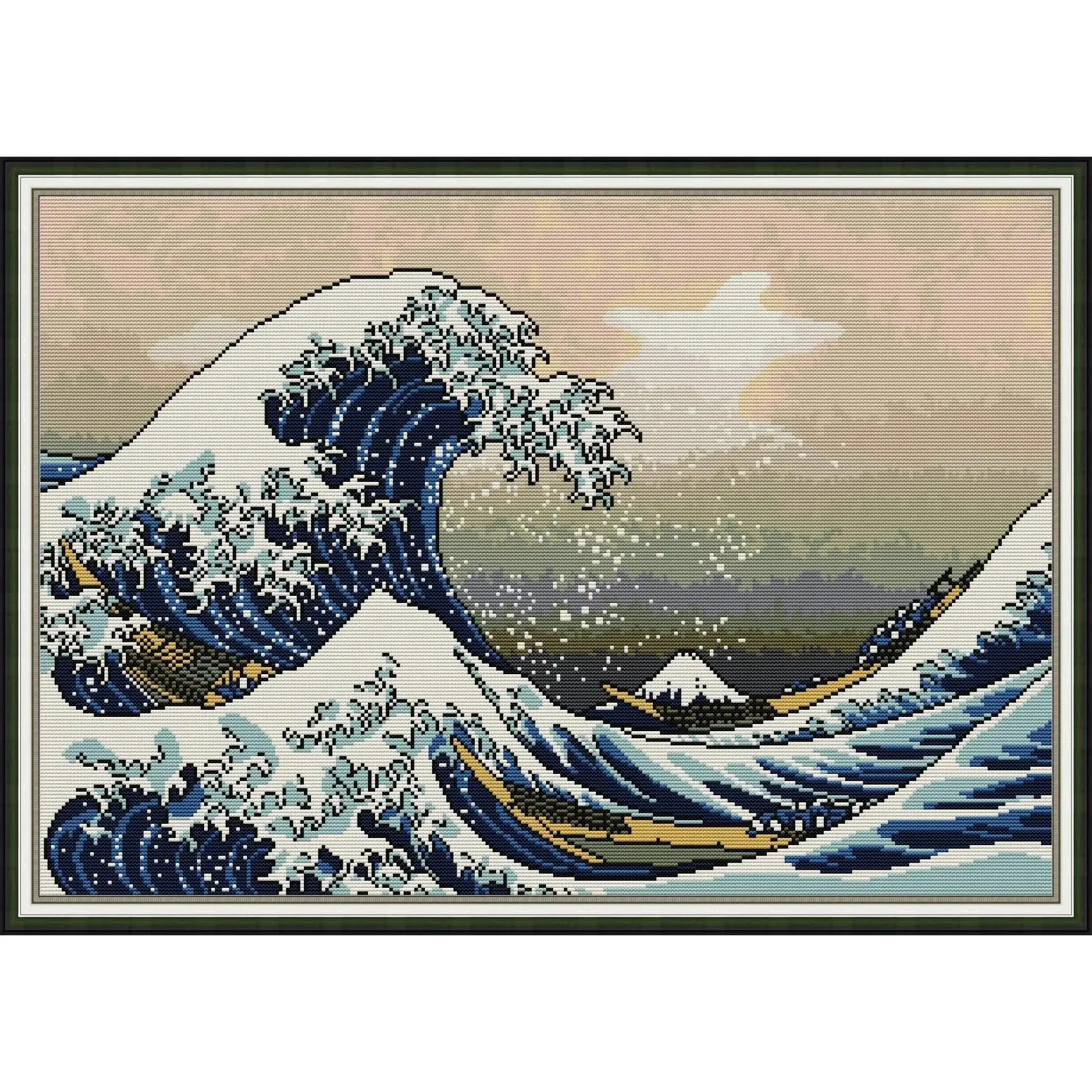 Joy Sunday Pre-printed Cross Stitch Kit Easy Pattern Aida Stamped Fabric Embroidery Set-The Great Wave of Kanagawa 1