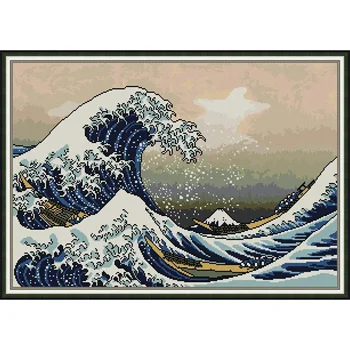 Joy Sunday Pre-printed Cross Stitch Kit Easy Pattern Aida Stamped Fabric Embroidery Set-The Great Wave of Kanagawa 1