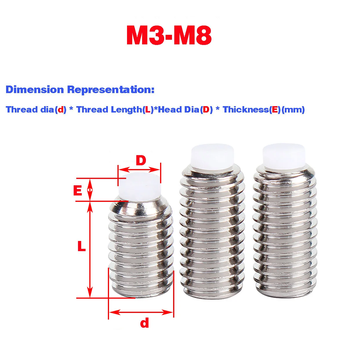 

304 Stainless Steel Plastic Plunger Stop Set Screw / Nylon Head Buffer Screw M3M4M5M6M8