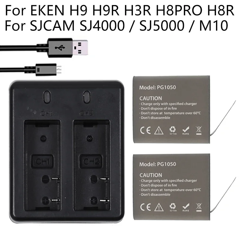 Batteries 1050mAh insérées dans le chargeur double, compatibles avec les caméras d'action EKEN