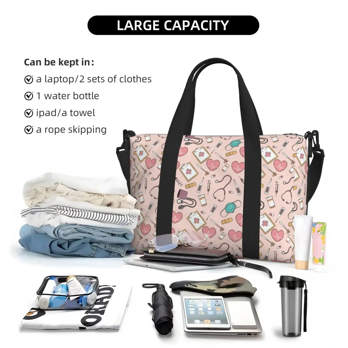 Custom Funny Nurse Pattern Grocery Tote Shopping Bag Women Big Capacity Health Nursing Beach Gym Travel Bags 5