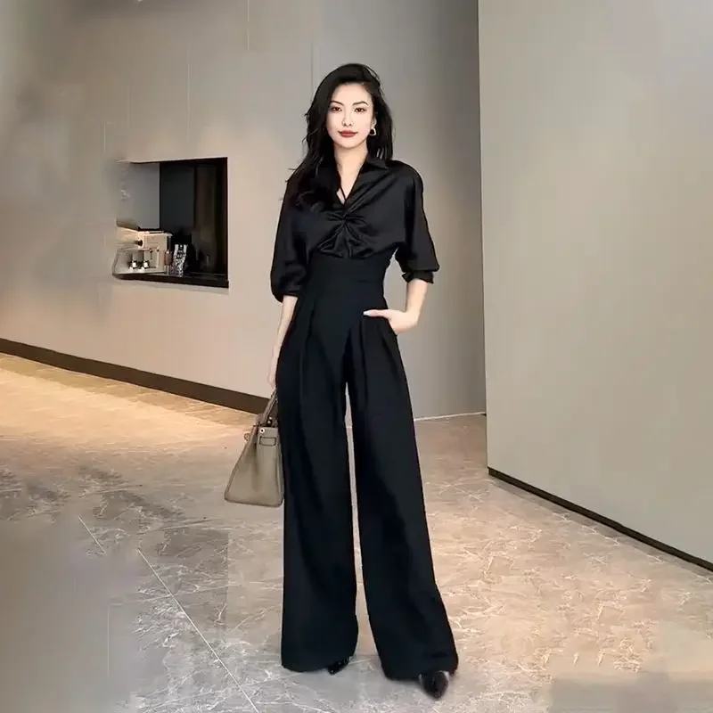 2025 Black Design Wide-Leg Pants Women's Slimming Suit Pant Magic High Waist Loose Straight Drooping Mopping Casual Trousers