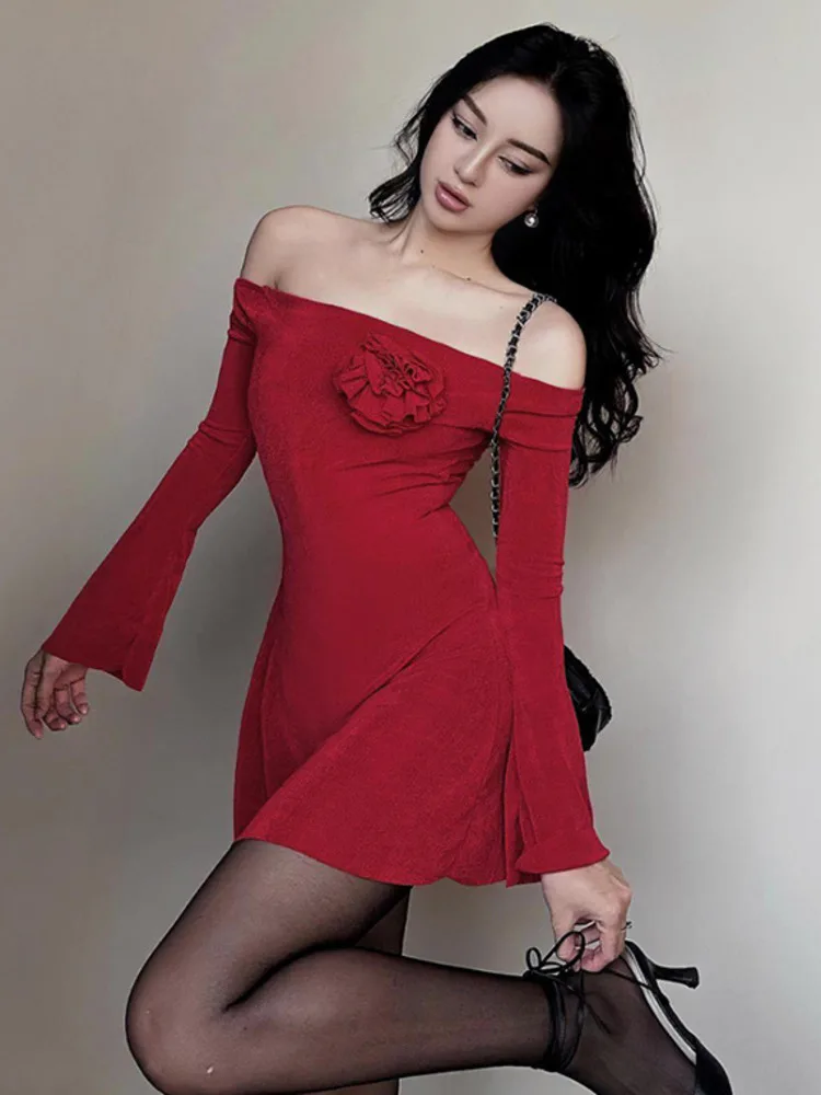 

Articat Sexy Heart Flower One Shoulder Long Sleeved Dress For Women New Unique Sweet Bodycon Fashion Party Club Evening Dress