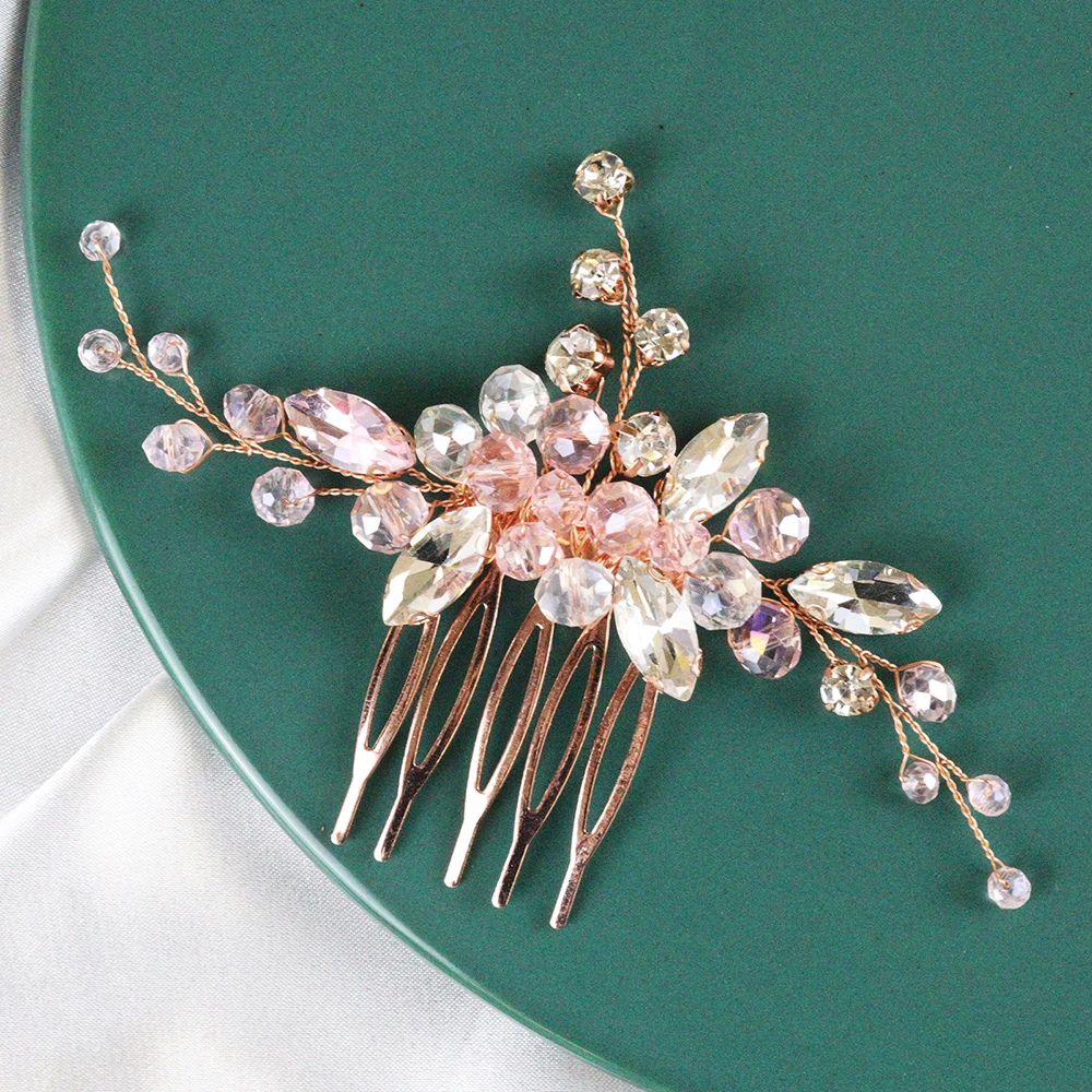 Rose Gold Crystal Hair Comb Elegant Flower Hair Jewelry Female Festival Headpieces Women Wedding Accessories for Bride