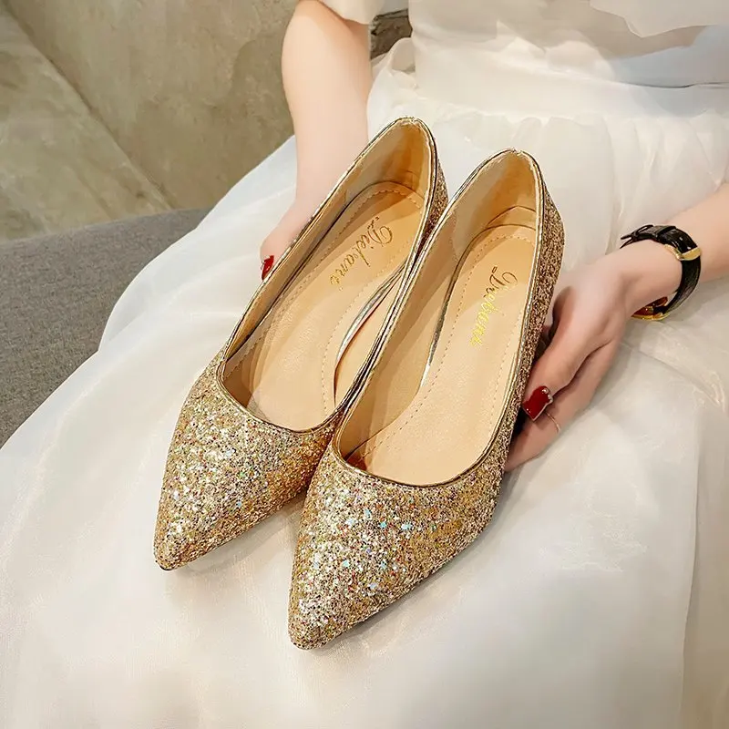 Big Size Woman Wedding Shoes Bridal Bling Pumps Silver High Heels Dress Shoes Sequined Pointed Toe Boat Shoes Ladies Red 8969L