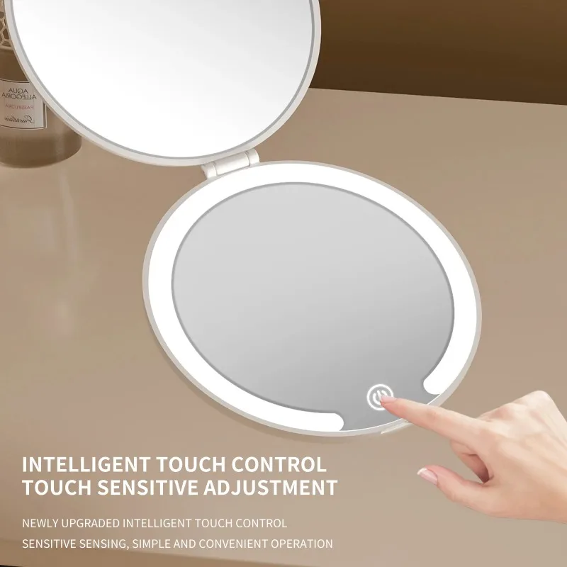 LED Lighted Travel Makeup Mirror Foldable 5x Magnifying Mirror Rechargeable Compact Cosmetic For Handbag Purse Pocket