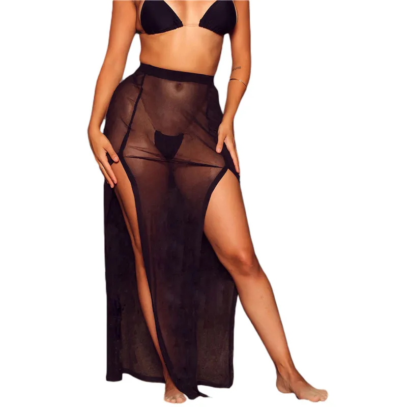 Summer Beach Robe Skirts Women Solid Color Sheer Mesh See Through High Waist Side Split Bodycon Skirt Bathing Bikini Cover-Up bathing suit cover Cover-Ups