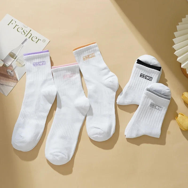 5 Pairs Women's Middle Tube Socks Cotton Blends Striped Breathable Solid Color Casual Sock White Double Cuffs Letter Sock