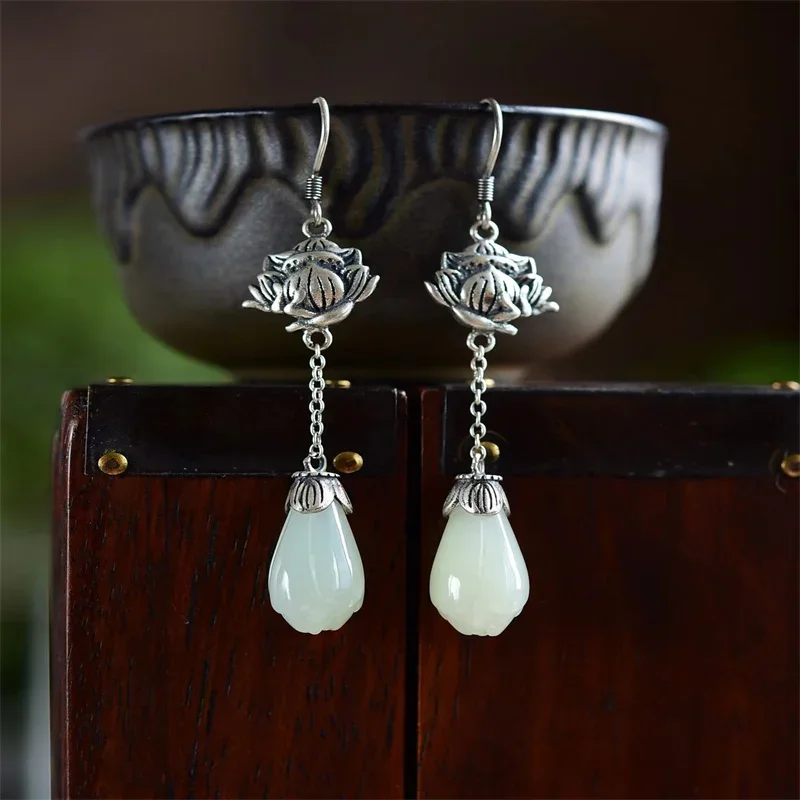 

S925 Sterling Silver Inlaid Hetian Jade Earrings Female Temperament Retro National Style White Jade Lotus Silver Earrings