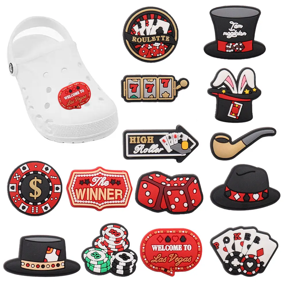 

Single Sale 1-14pcs PVC Shoe Charms Poker Cards Magic Hat Pipe Dice Accessories Shoe Buckles Fit Croc Jibz Kids Party Present