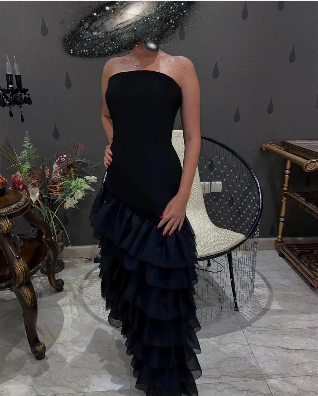 

Vintage Long Black Chiffon Evening Dresses With Ruffles A-Line Strapless Floor Length Zipper Robe De Mariée Party Gown For Women