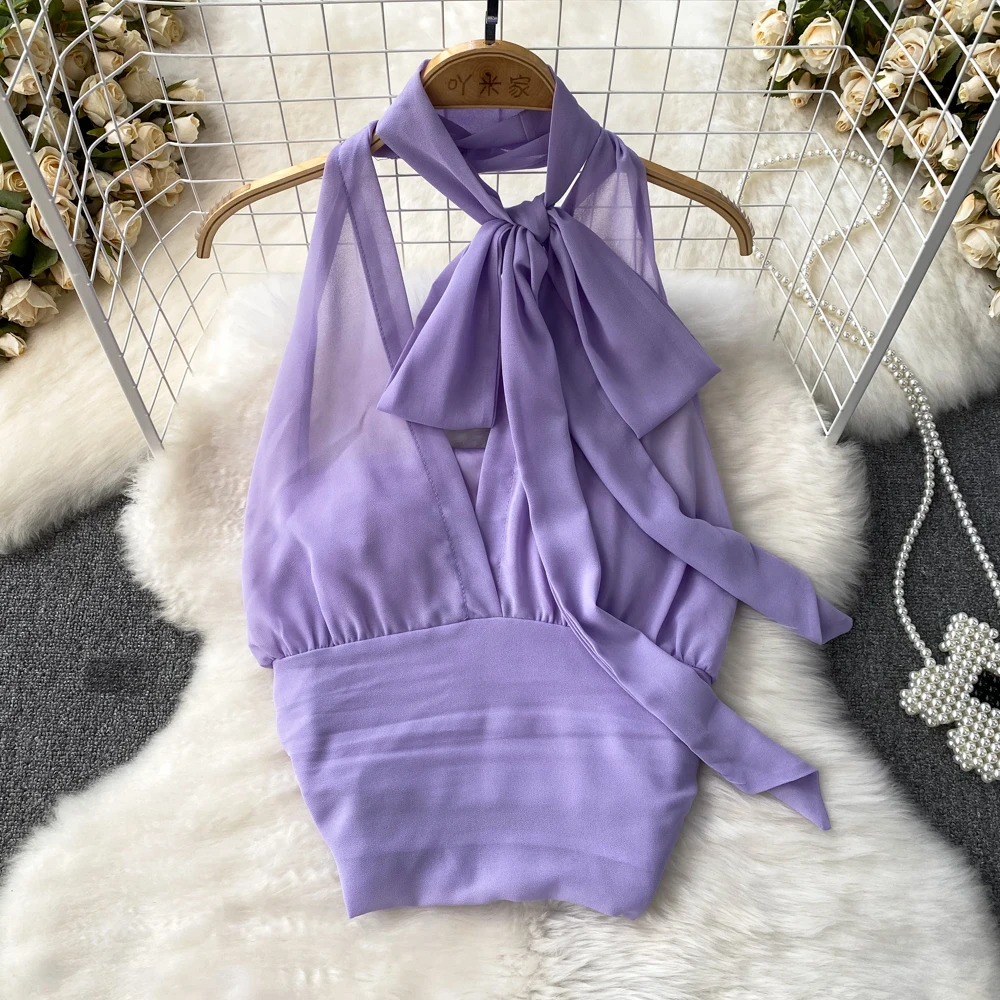 

Summer Ribbon V-neck Hanging Neck Chiffon Suspender Vest Exposed Back Unique Sleeveless Slim Fitting Top