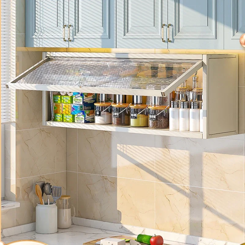 Wall-Mounted Seasoning Cabinet Thicken Carbon Steel Storage Shelves with Flip Door Below Cabinet Kitchen Shelf for Organization 2