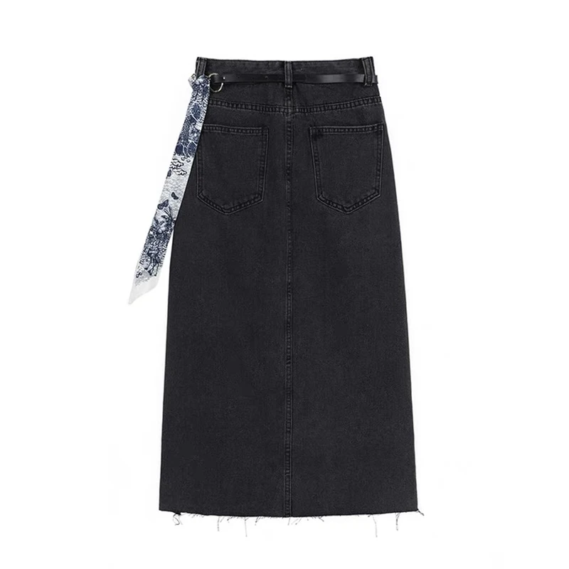 long skirts High Waist Long Skirts Women Casual Vintage Harajuku Korean Chic With Belt Straight A-line Pencil Slit  Skirt Denim Jupe Femme satin midi skirt