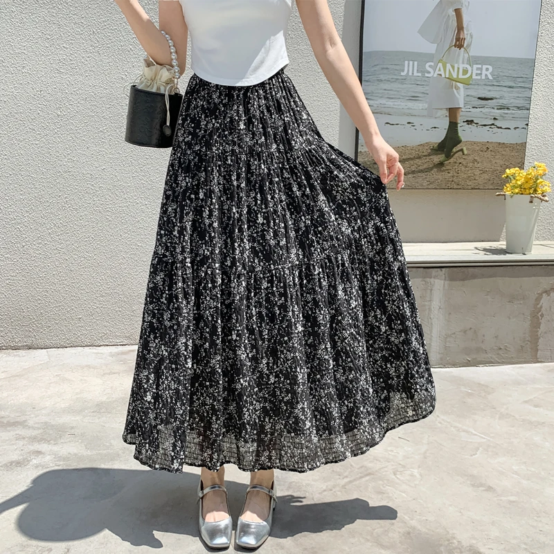 TIGENA 90cm Chiffon Floral Print Maxi Skirt Women 2024 Summer