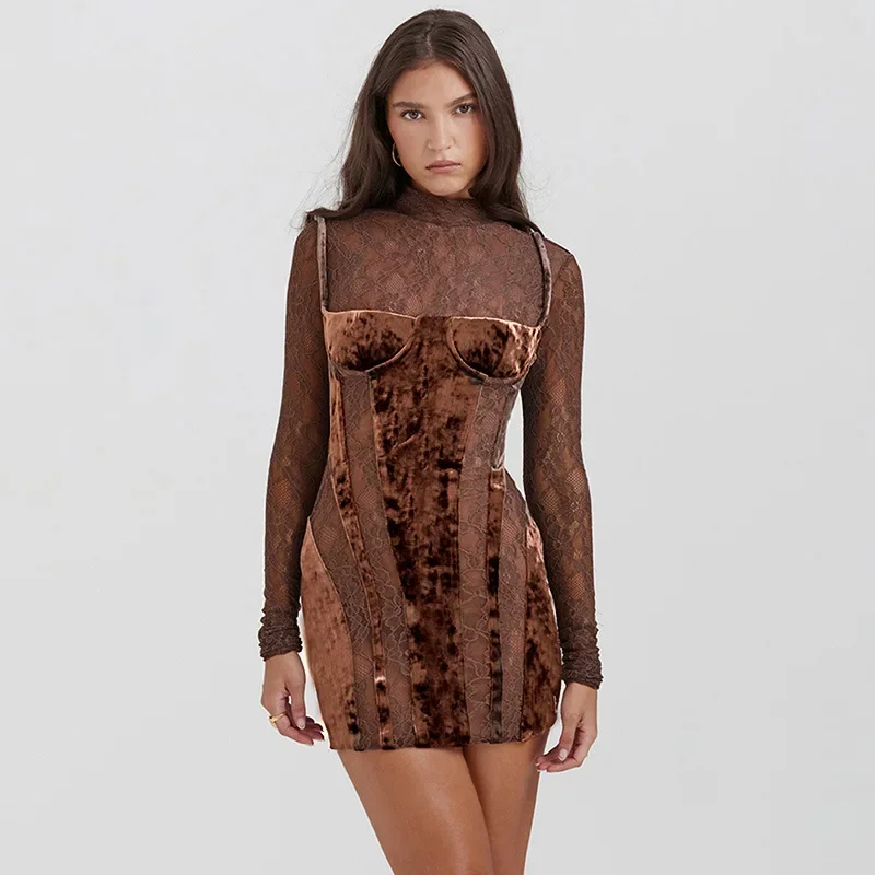 

Velvet Lace Patchwork Long Sleeve Mini Dress for Women Elegant 2023 Autumn Fashion Sexy Slim High Collar See Through Party Robe