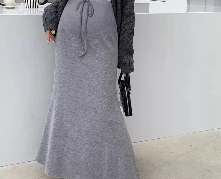Korean Style Maternity Knitting Dress High Waist Drawstring Fashion Pregnant Woman Fishtail Skirt Slim Pregnancy Maxi Skirt 88cm