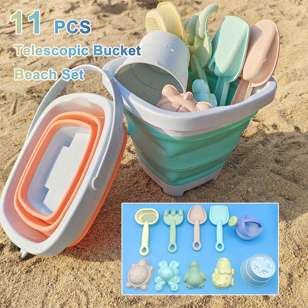 11 Pcs Sand Water Outdoor Fun Tool Bucket Beach Toy Set 4 Animal Sand Molds Shovel Rake Sprinkler Sand Sifter for Toddlers 3+Age 3