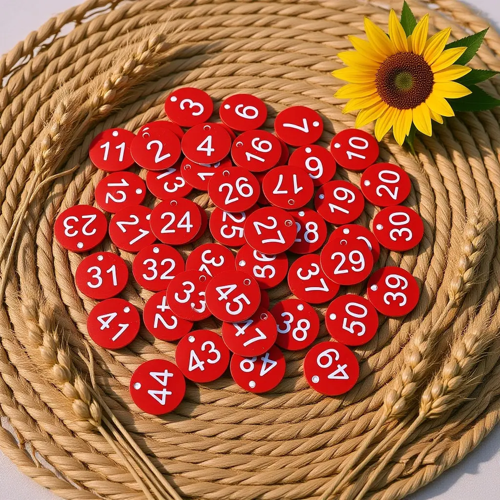 50Pcs 번호 태그 키 라벨 플라스틱 라운드 레드 새겨진 ID 태그 호텔 사무실 홈 스토리지 다목적 교수형 번호가 매겨져 있음