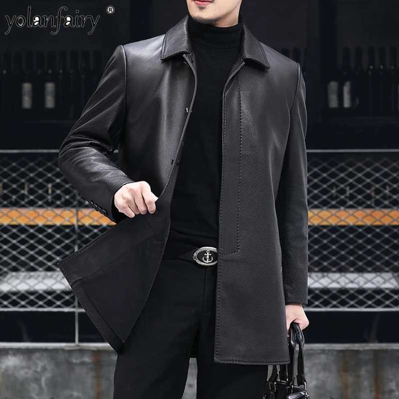

2021 100% Real Leather Jacket Men Clothes Cowhide Mid-length Windbreaker Mens Leather Down Jackets for Men Trentcoat Chaquetas F