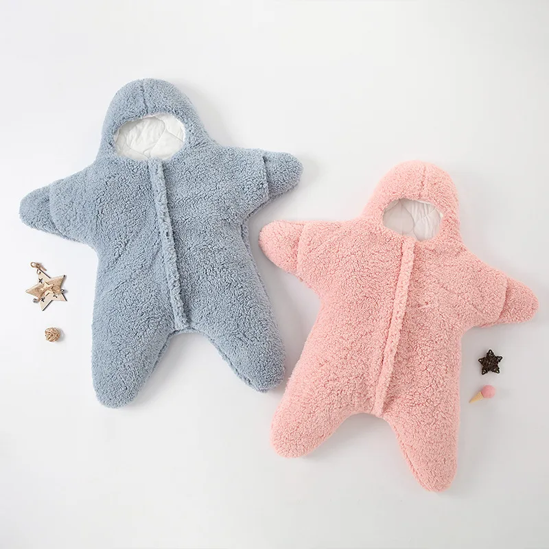 

0-9 Months Newborn Clothes Winter Keeping Warm Baby Sleeping Bag Soft Fleece Infant Sleepsack Cute Starfish Baby Siamese Clothes