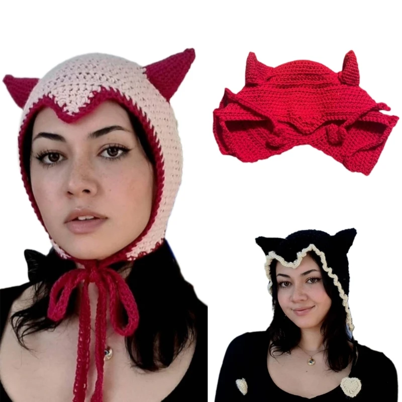 

Halloween Knit Skull Hat Unique Earflaps Horn Party Holiday Headwear