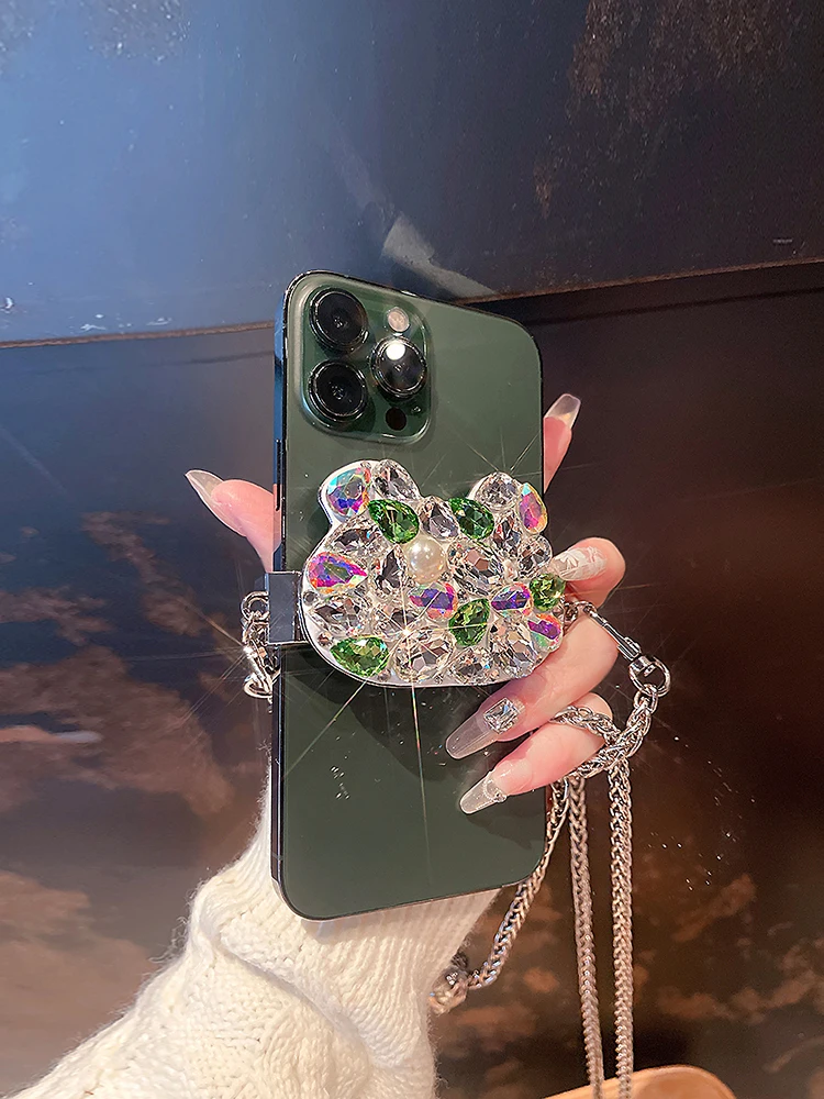 

Cute Bear Styling Phone Case Back Clip Lanyard Diamonds Anti-loss Artifact Portable Universal with Rhinestone Pearl Chain