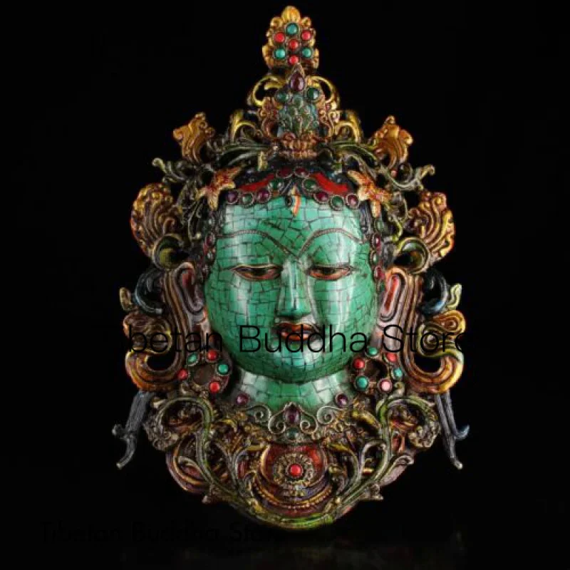 

11”Old Tibetan copper handmade inlaid gemstones Gilding green Tara Buddha statue