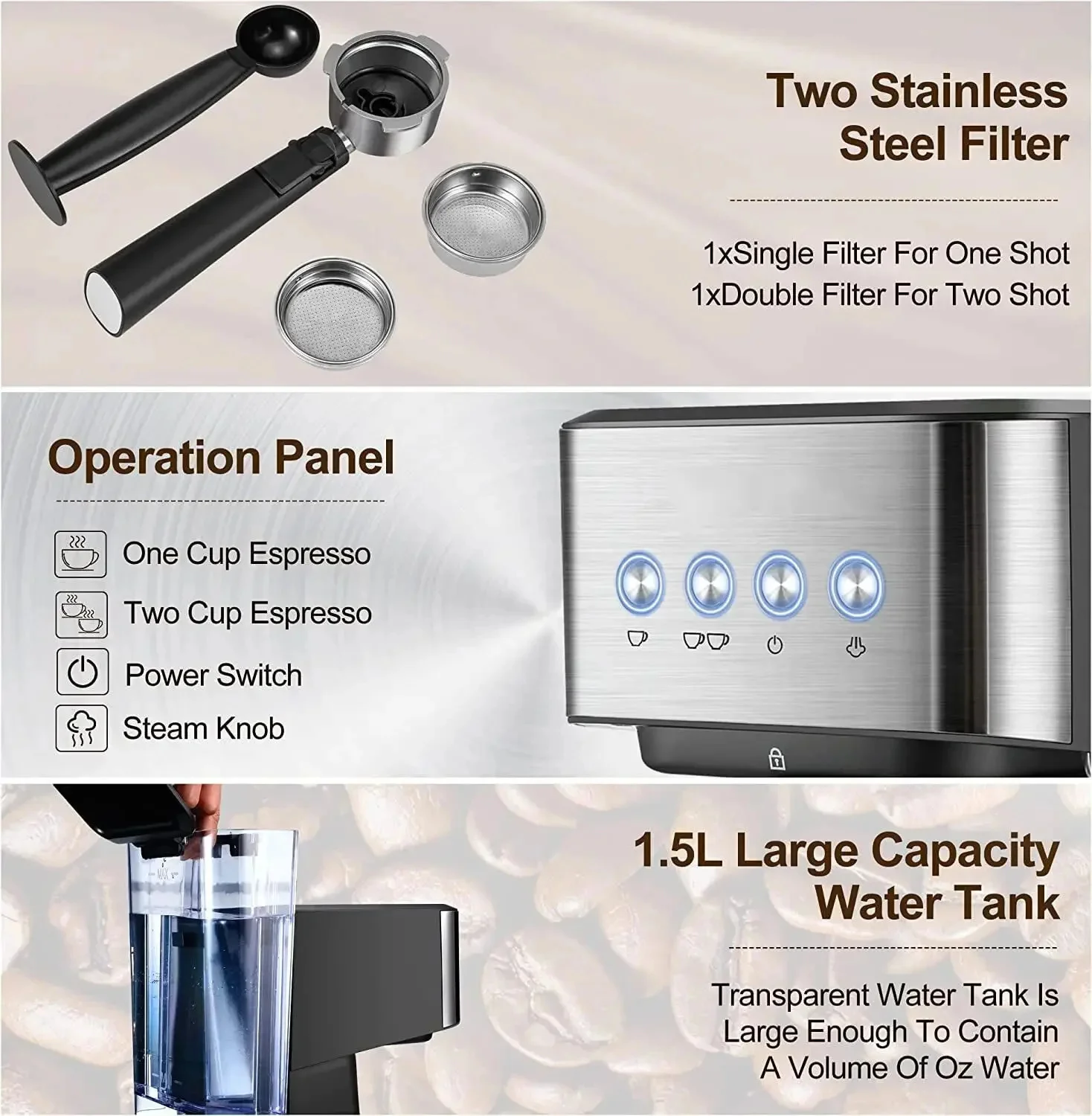 220V 110V 1.5L 2 In 1 Household Coffee Machine Italian Semi-automatic Concentrated High-pressure Extraction And Whipping Foam 2