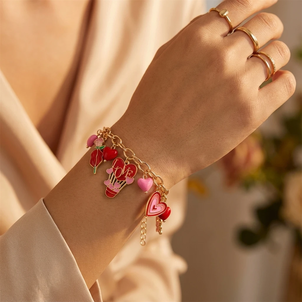 Romantisches Valentinstagsgeschenk XOXO Liebe Herz Anhänger Charm Armband für Frauen Gold Farbe Emaille Rose Blume Handgelenk Kette Party Schmuck
