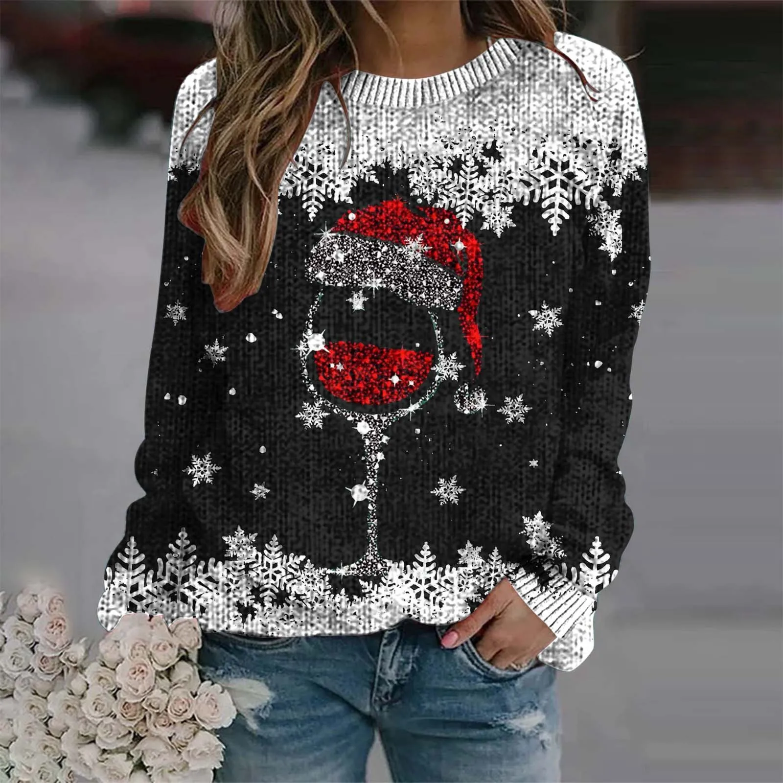 Suéteres navideños con estampado de copos de nieve, suéteres de cuello redondo y manga larga para mujer, suéteres de copa de vino, suéteres para mujer