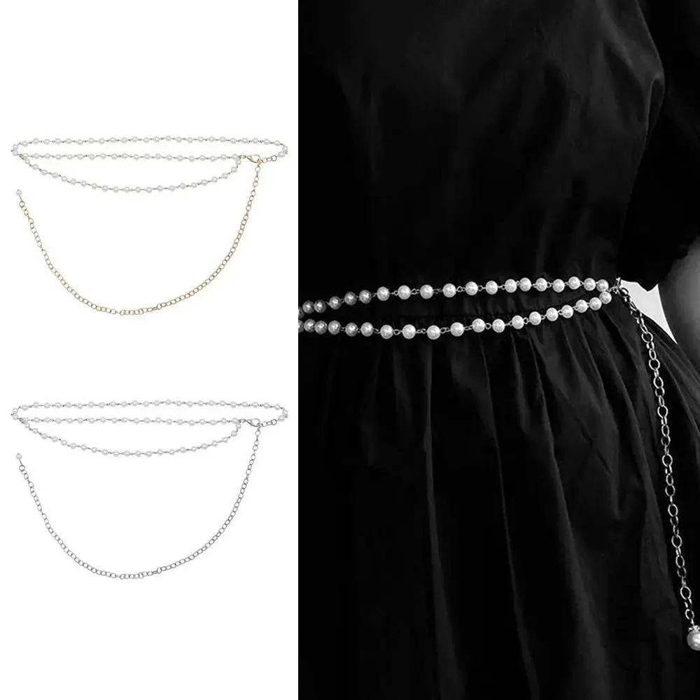 

Casual Decorative Jewelry Elegant Waist Strap Trouser Dress Belts Thin Chain Waistband Double-layered Pearl Belt