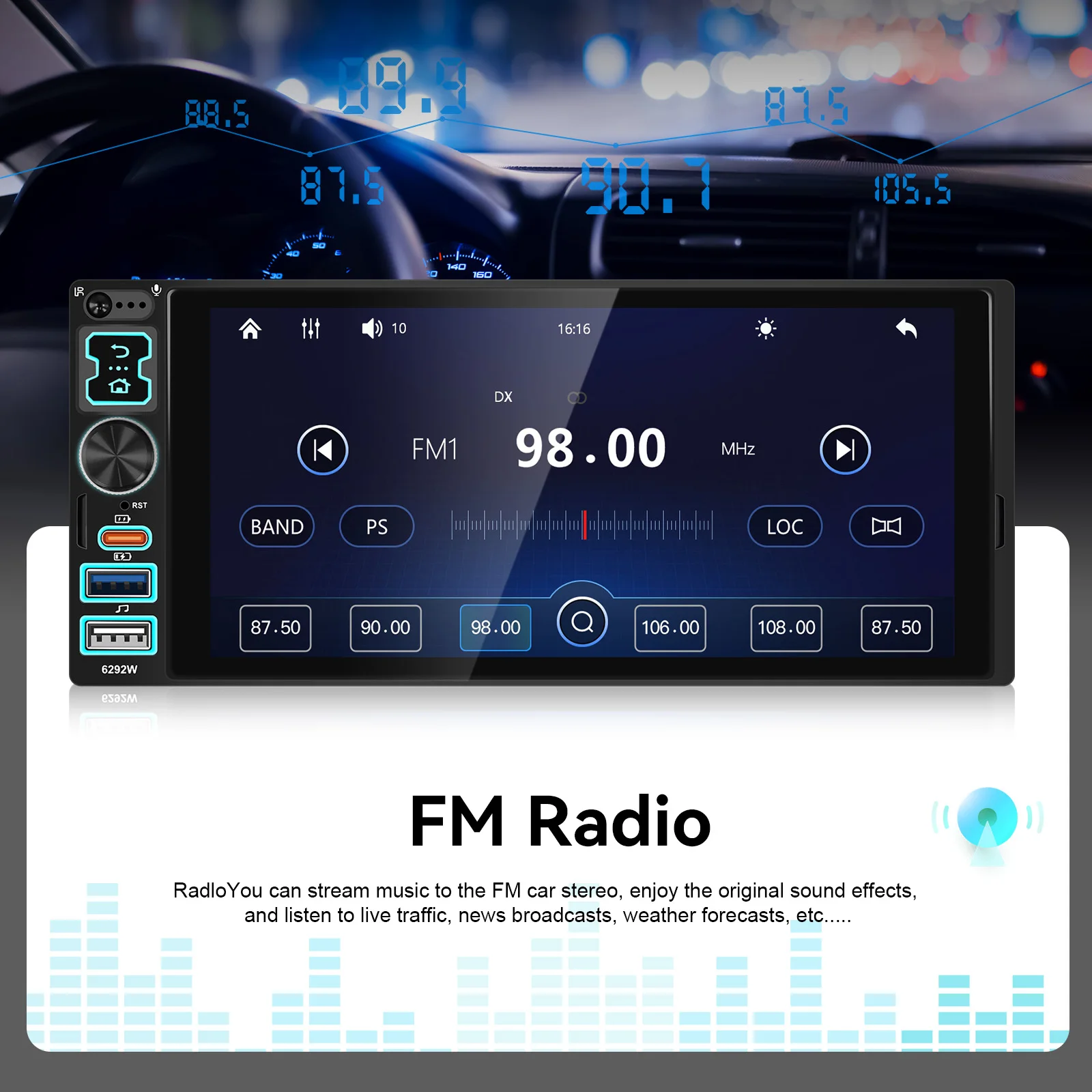 Podofo Reproductor Multimedia para Auto con Pantalla Táctil HD de 6.8” 6.9” 1DIN, Carplay Inalámbrico/Carplay con Cable, Android Auto Universal, Reproductor MP5 para Auto, Radio FM BT, Tipo-C/USB, Cámara de Visión Trasera, Autoradio 8