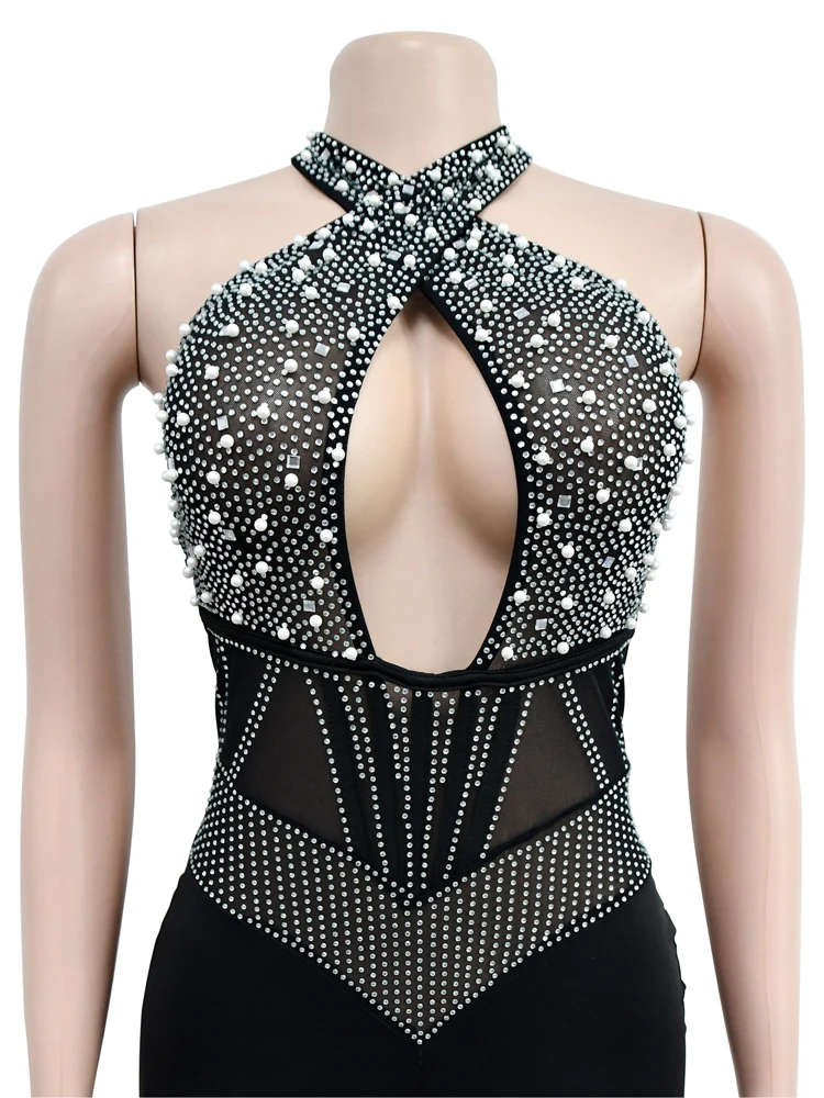 Sexy Hollow Out Sleeveless Jumpsuit Short Fashion Hot Diamond Color Matching Tight Fitting Clothes Elegant Black Female Jumpsuit