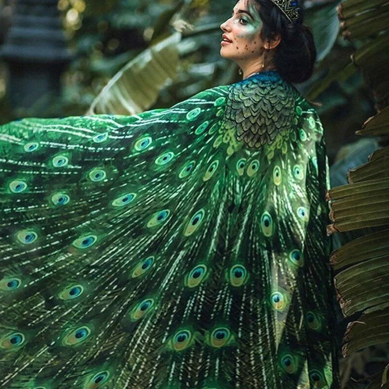 Shawl Cape Chiffon Thin Shawl Cloak Women New Peacock Long Tailed Green Lace Up Dance Costume Round Neck Cloak Half Length Dress