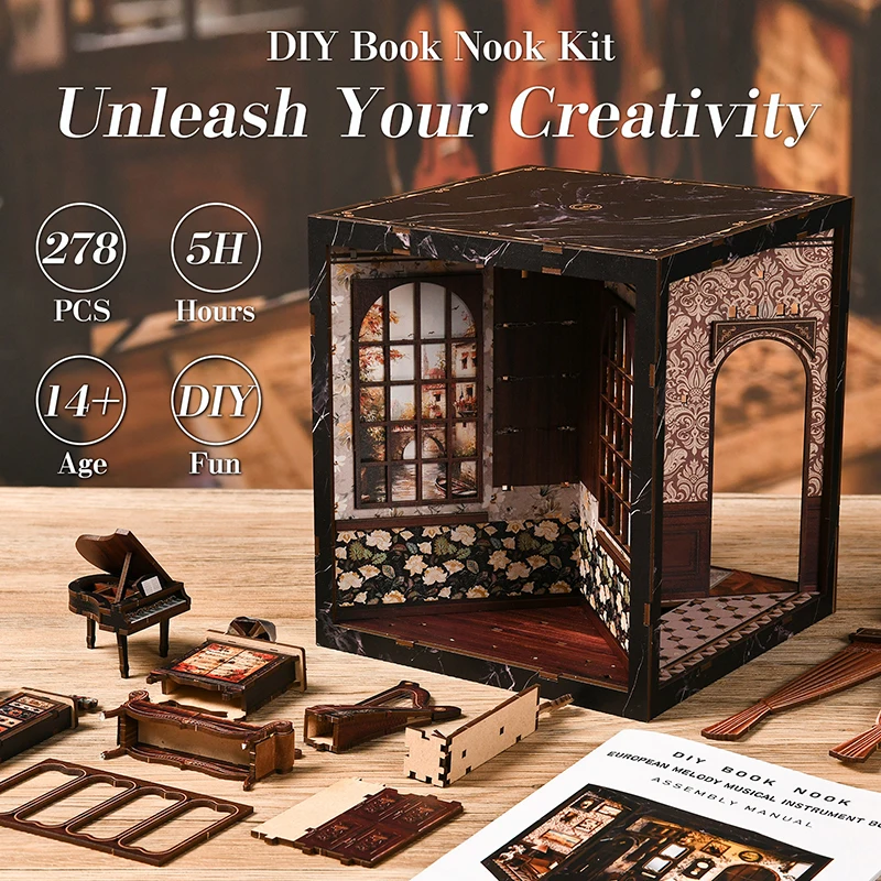 새로운 DIY 나무 유럽풍 멜로디 박스 북 누크 선반 삽입 키트 미니어처 모델 키트 네 면 북엔드 친구 생일 선물용