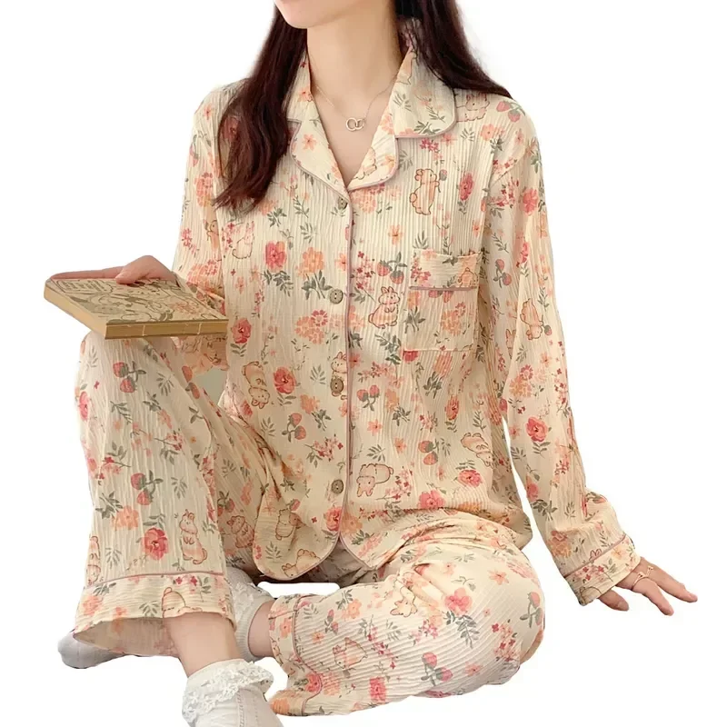 

Pajamas Female Pajama Sleepwear Women Size Bedroom Lounge Long Home Mujer Pyjamas Clothes Sleeve Cartoon Dormir Plus Trousers