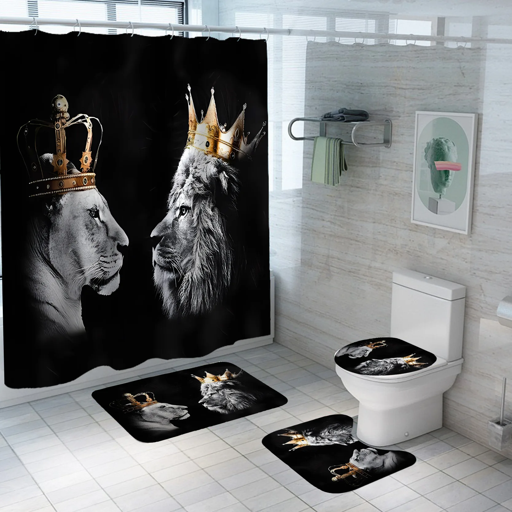 Crown Lion King 3D Luxury Bathroom Curtains Shower Curtain Set for Bathroom Modern Geometric Bath Rug Decor