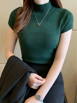 تي شيرت نسائي أنيق برقبة نصف عالية تي شيرت كاجوال على الطراز الكوري ملابس أنيقة بلون سادة لموسم الربيع والصيف 5