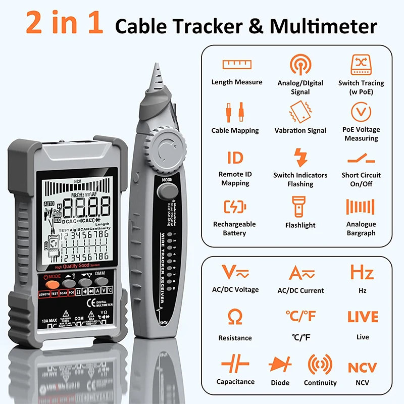 ET616 ET618 ET618PRO Network Cable Tester Multimeter LCD Display with Backlight Analogs Digital Search POE Test