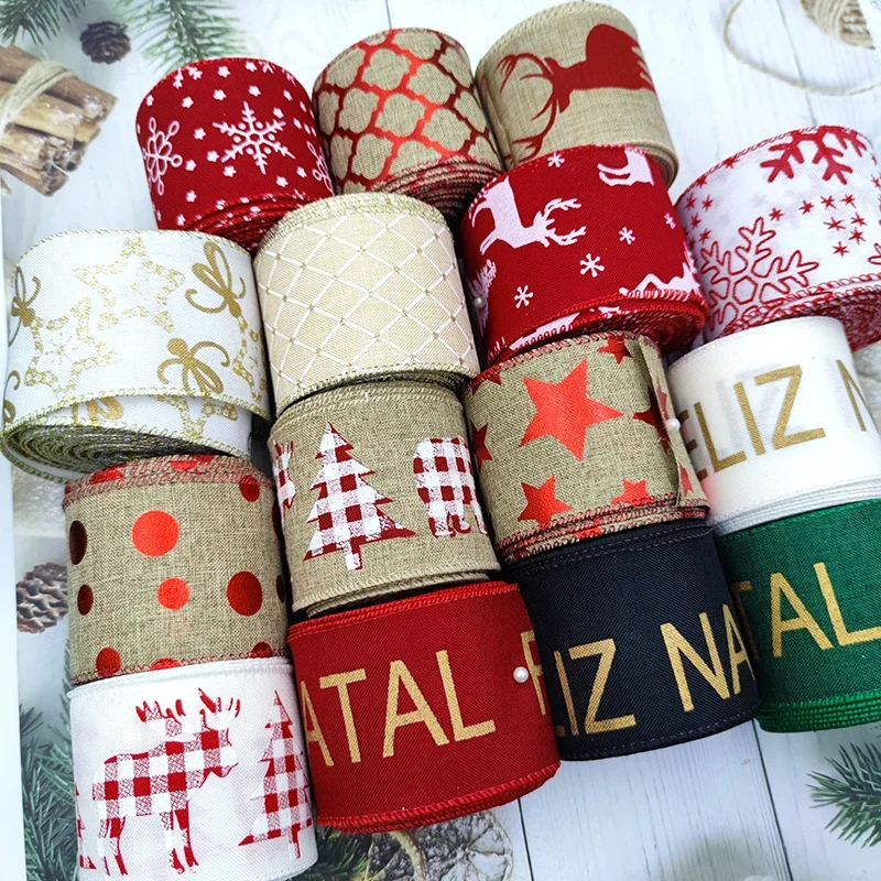레드 그린 별 눈송이 다채로운 리본, 엘크 휴일 장식 리본, 크리스마스 새해 홈 장식 활, 10 야드