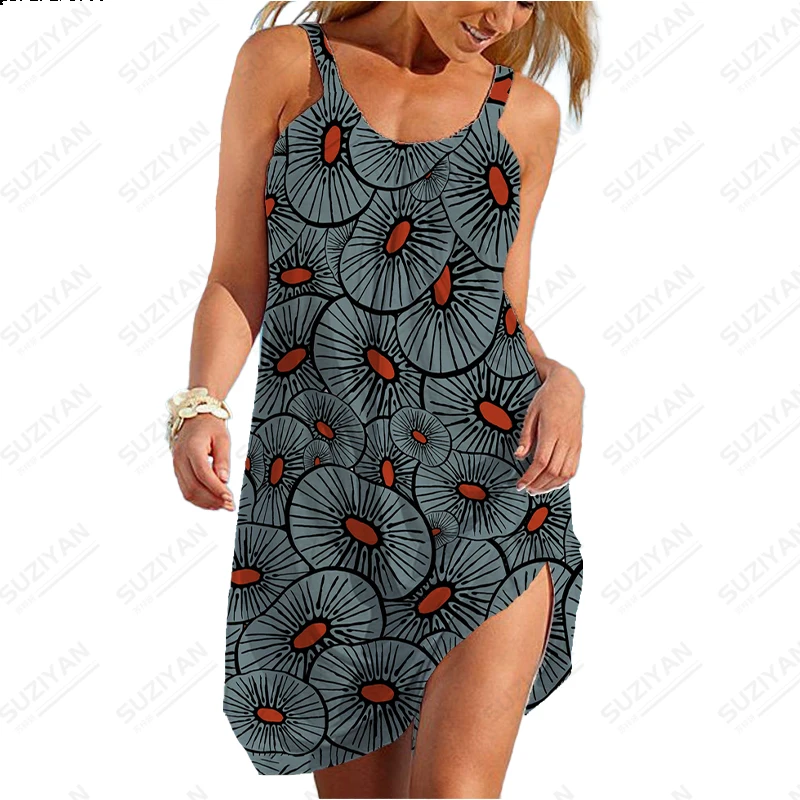 2023 Fashion New Summer Women's Hawaiian Style Colorful Fragmented Flower 3D Printed Beach Skirt with U-neck A-line Dress