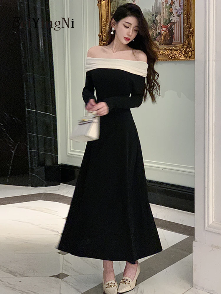 

Beiyingni Elegant Knit Slash Neck Dresses for Women French Luxury Vintage Sexy Spring Autumn Long Sleeve Dress Ladies Vestidos