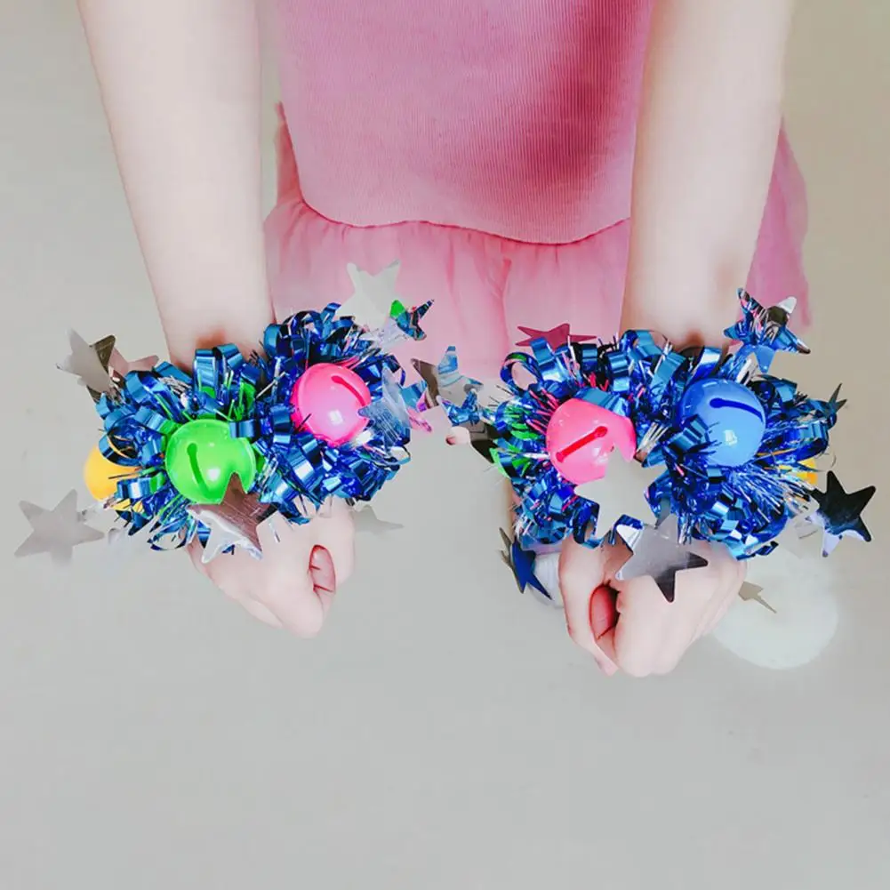 2Pcs Wrist Flower with Star Bell Decor Cheerleading Cheer Elastic Band Bracelet Holiday Celebration Metallic Sparkling Wrist Acc