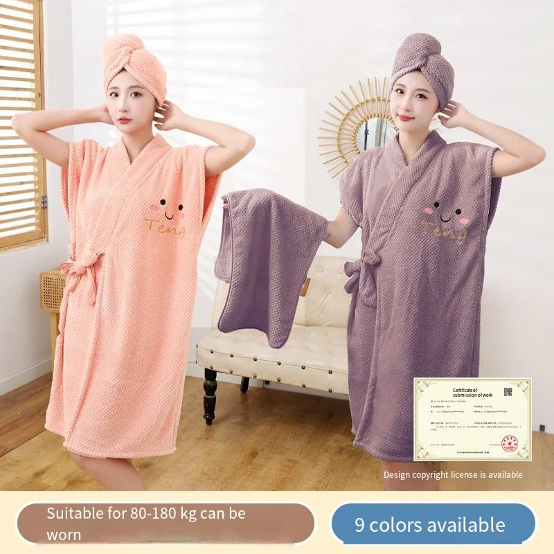 Bath Towel New pineapple check bathrobe women can wear bath towel coral velvet thickened home cross binding shower skirt dry hair cap
