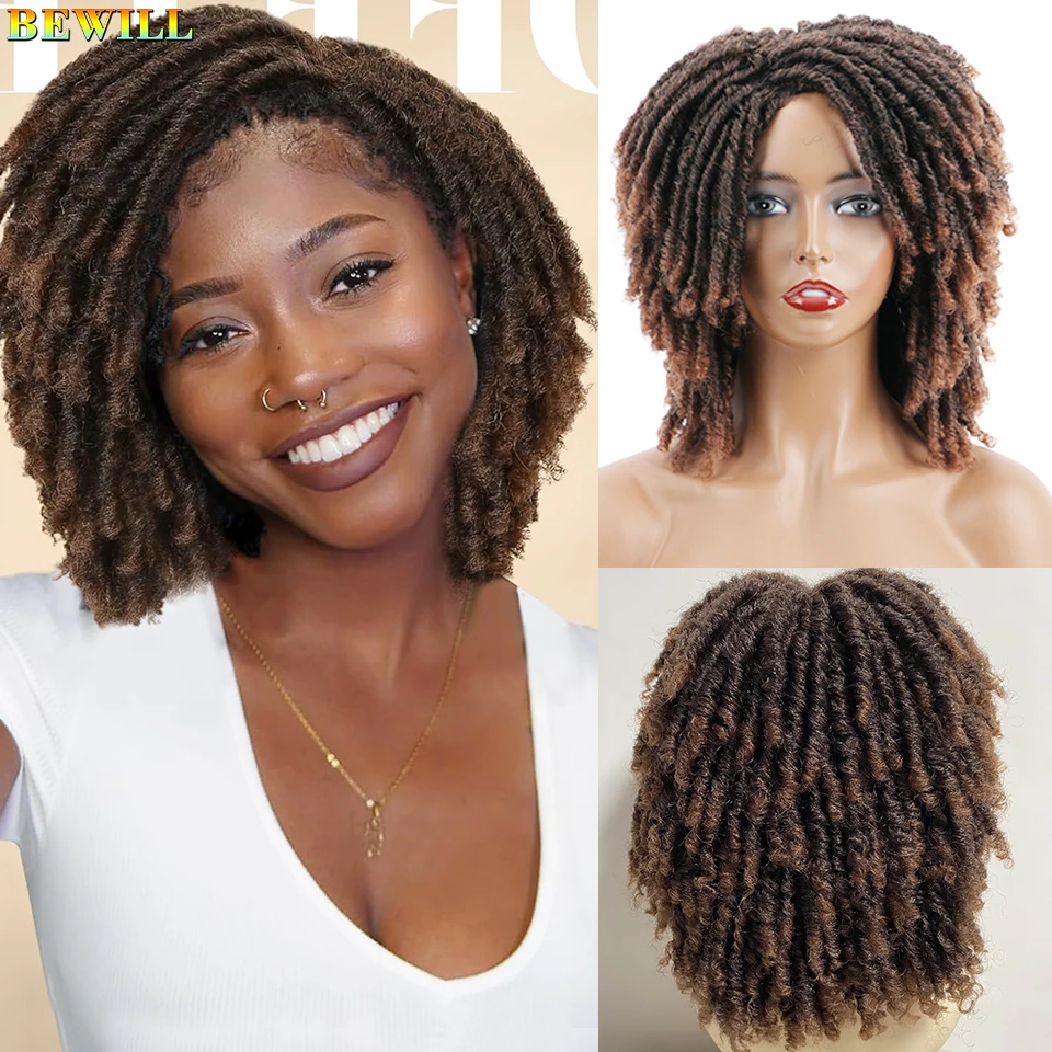 BEWILL Short Dreadlock Wig Twist Wigs Ombre Dark Brown Blonde Bug Afro Curly Synthetic Wig Faux Locs Braided for Black Women