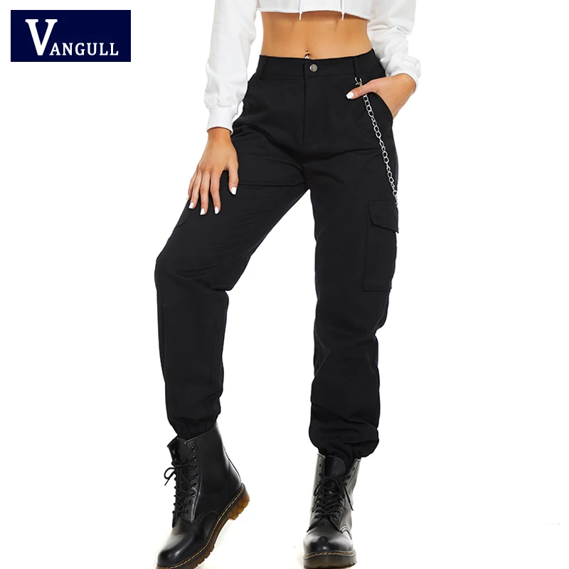 

Vangull Fashion Black Cargo Pants Women Elastic Waist Streetwear Chain Joggers Spring New Female Oversized Pocket Loose Trousers