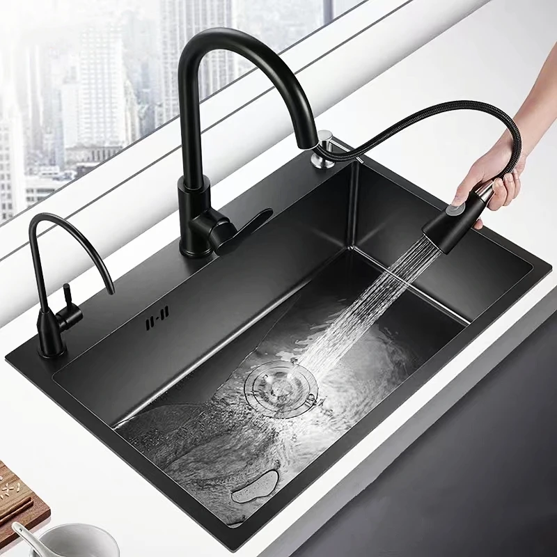 304 Stainless Steel Kitchen Sink Black Nano Wash Basin Single Sink creative Kitchen Sinks Drain Set Home Kitchen Accessories